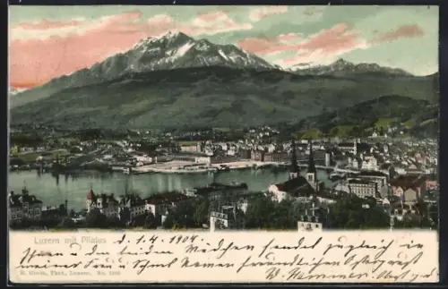 AK Luzern, Gesamtansicht mit Bahnhof, Wasserturm und Pilatus, um 1900