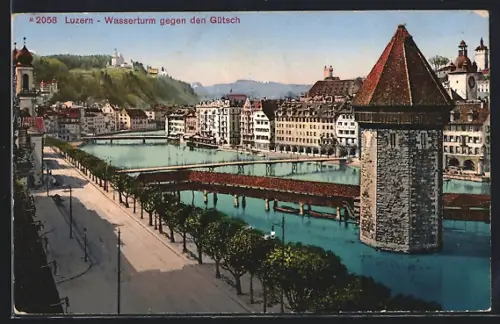 AK Luzern, Wasserturm mit Strassenpartie gegen den Gütsch
