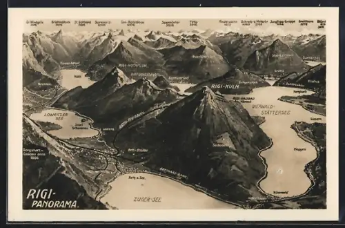 Künstler-AK Rigi, Panorama mit Zuger-See, Rigi-Kulm und Beckenried, Breithorn, Spannörter u. Bristenstock