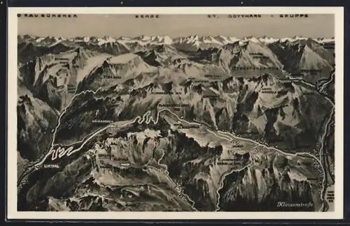 Künstler-AK Urigen /Klausenstrasse, Panorama mit Hotel Klausenpass, Hotel Sas und Tödi