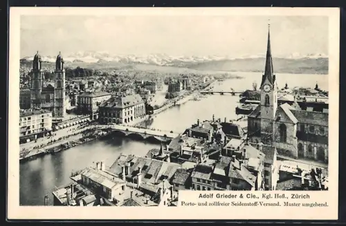 AK Zürich, Seidenstoff-Versand Adolf Grieder & Cie. mit Teilansicht