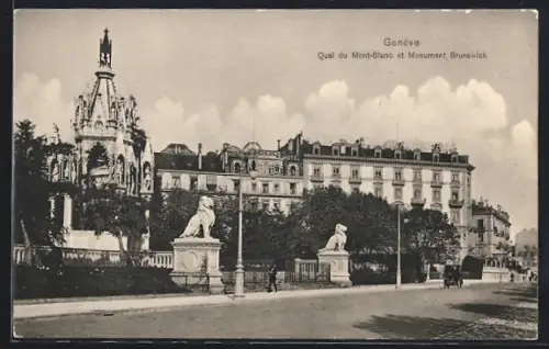 AK Genève, Quai du Mont-Blanc et Monument Brunswick