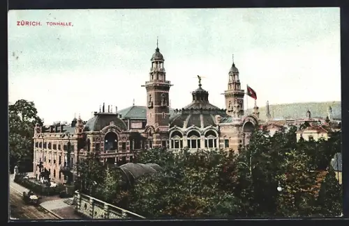 AK Zürich, Tonhalle mit Strassenpartie