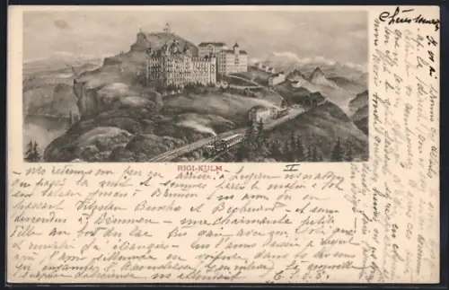 AK Rigi-Kulm, Blick auf das Schloss, Bahnhof, Eisenbahn