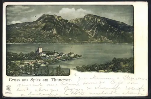 AK Spiez am Thunersee, Totalansicht mit See und Bergpanorama