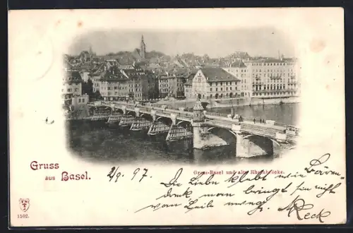 AK Basel, Gross-Basel und alte Rheinbrücke aus der Vogelschau