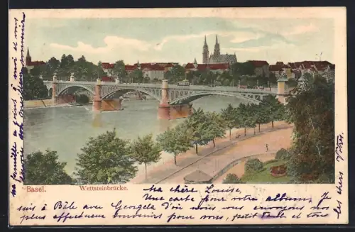 AK Basel, Wettsteinbrücke, Panoramaansicht mit Uferstrasse