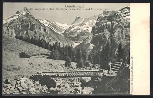 AK Grindelwald, Am Wege nach dem Faulhorn, Schreckhorn und Finsteraarhorn