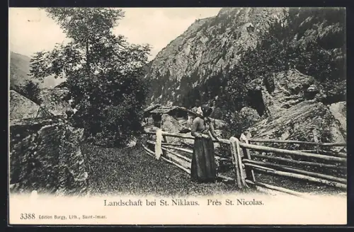 AK St. Niklaus, Landschaftspartie mit Gattern u. Spaziergängerin