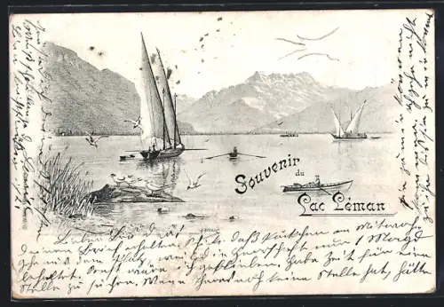 Künstler-AK Lac Léman, Seepartie mit Segelschiffen u. Bergpanorama
