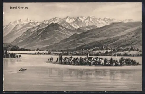 AK Insel Ufenau, Gesamtansicht mit Umgebung und Bergpanorama