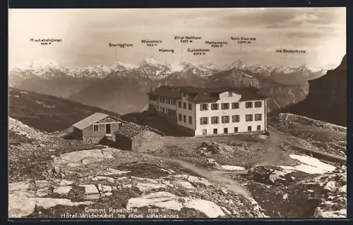 AK Gemmi, Passhöhe mit Hotel Wildstrubel und Alpenpanorama aus der Vogelschau