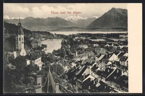AK Thun, Totalansicht mit Gewässer und Alpen aus der Vogelschau