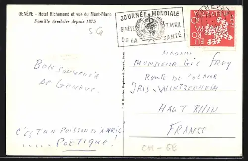 AK Geneve, Hotel Richemond et vue du Mont-Blanc