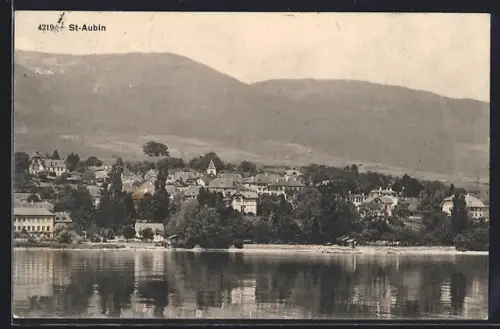 AK St. Aubin /NE, Ort vom See gesehen