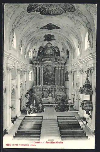 AK Luzern, Jesuitenkirche, Innenansicht vom Kirchenschiff