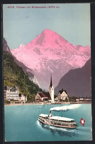 AK Flüelen, Ortsansicht vom Wasser aus gesehen mit Blick nach dem Bristenstock, Dampfschiff