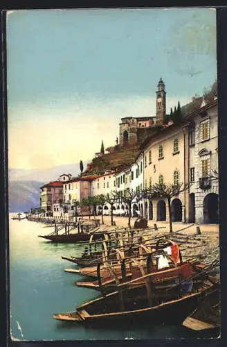 AK Morcote, Ortsansicht am Ufer mit Ruderbooten