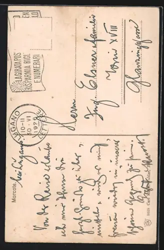 AK Morcote, Ortsansicht am Ufer mit Ruderbooten