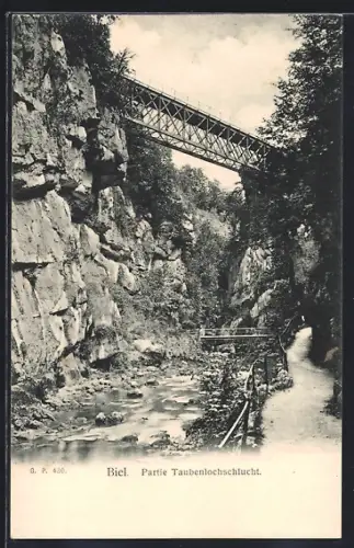 AK Biel, Partie in der Taubenlochschlucht mit Brücke