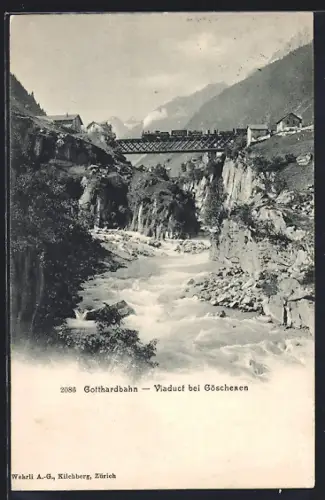 AK Göschenen, Viaduct der Gotthardbahn mit Güterzug