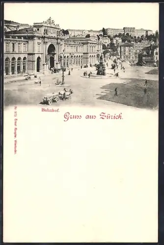 AK Zürich, Bahnhof mit Vorplatz und Denkmal