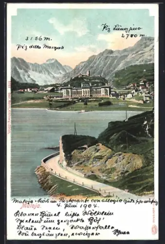 AK Maloja, Strassenpartie am Ufer mit Blick auf den Ort