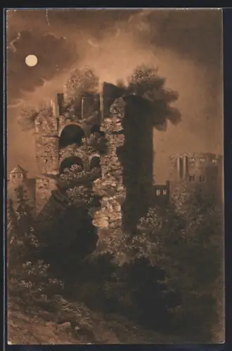 AK Heidelberg, Der gesprengte Turm bei Mondschein