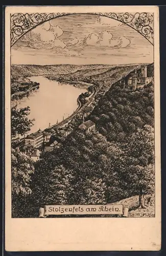 Künstler-AK Stolzenfels am Rhein, Ortschaft mit Rheinlauf und Burg