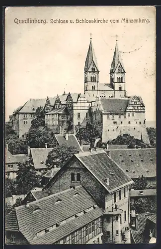 AK Quedlinburg, Schloss mit Schlosskirche vom Münzenberg aus