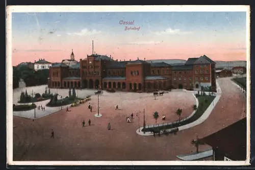 AK Kassel, Bahnhof mit Vorplatz aus der Vogelschau gesehen