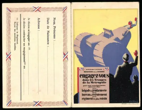 Klapp-Künstler-AK sign. R. de Valerio: Ministère de la Guerre, Engagez-vous dans les Troupes de la Métropole