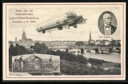 AK Frankfurt, Int. Luftschiffahrt-Ausstellung ILA 1909, Zeppelin über der Stadt, Ausstellungsgebäude, Porträt