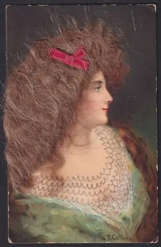 Echt-Haar-AK Frauenporträt mit brünettem Haar und roter Schleife