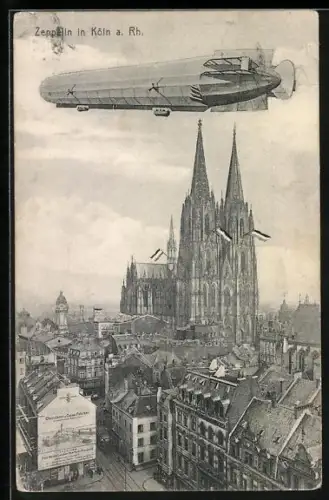 AK Köln, Luftschiff Zeppelin über der Stadt