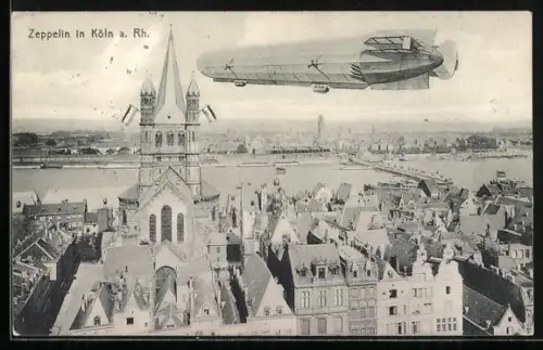 AK Köln a. Rh., Zeppelin über der Stadt