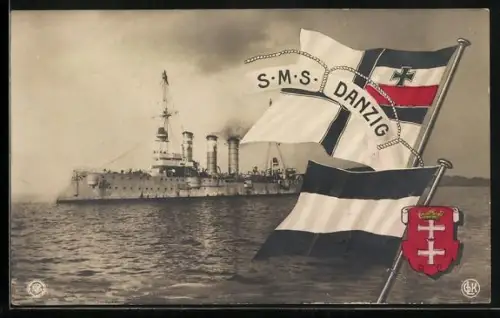 AK Kriegsschiff SMS Danzig, Reichskriegsflagge und Wappen