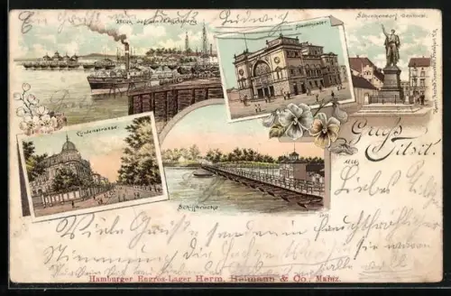 Lithographie Tilsit, Schiffbrücke, Stadttheater, Lindenstrasse