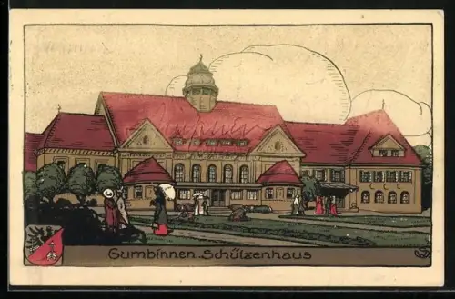 Künstler-AK Gumbinnen, Blick zum Schützenhaus, Wappen