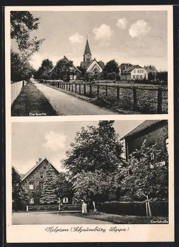 AK Helpsen /Schaumburg Lippe, Dorfpartie mit Kirche, Dorfstrasse