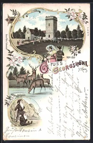 Lithographie Thale / Harz, Gasthaus Georgshöhe, Zwerge und Hirsche