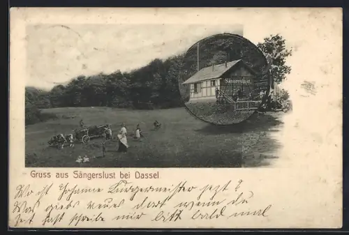 AK Dassel, Gasthaus Sängerslust mit Ochsenkarren