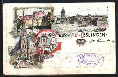 Lithographie Esslingen / Neckar, Frauenkirche, Pliensaubrücke