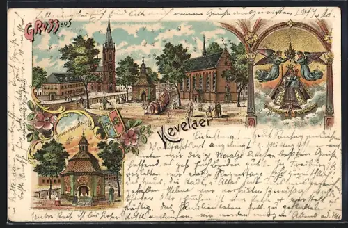 Lithographie Kevelaer, Gnadenkapelle und Strassenpartie mit Kirche