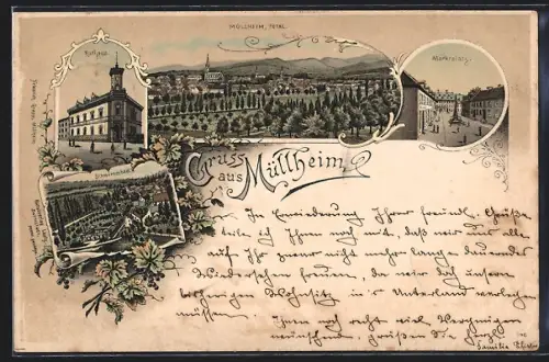 Lithographie Müllheim, Rathaus, Schwimmbad und Marktplatz