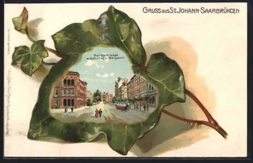 Passepartout-Lithographie St. Johann-Saarbrücken, Reichsstrasse mit Bahnhof und Bergamt