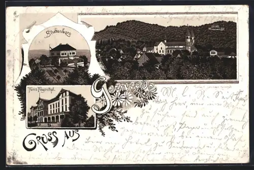 Vorläufer-Lithographie Gernrode / Harz, 1894, Haus Hagenthal, Stubenberg und Kirche