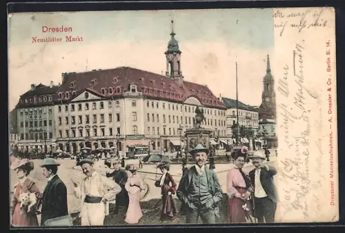 AK Dresden-Neustadt, Neustädter Markt mit Denkmal und Geschäften
