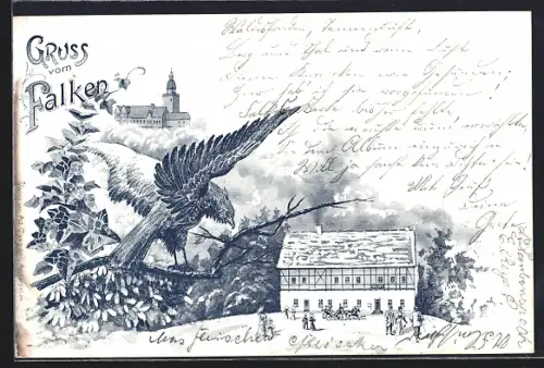 Künstler-AK Meisdorf, Gasthaus zum Falken mit Besuchern