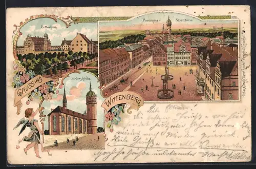 Lithographie Wittenberg / Elbe, Panorama vom Stadtthurm aus, Lutherhaus, Schlosskirche